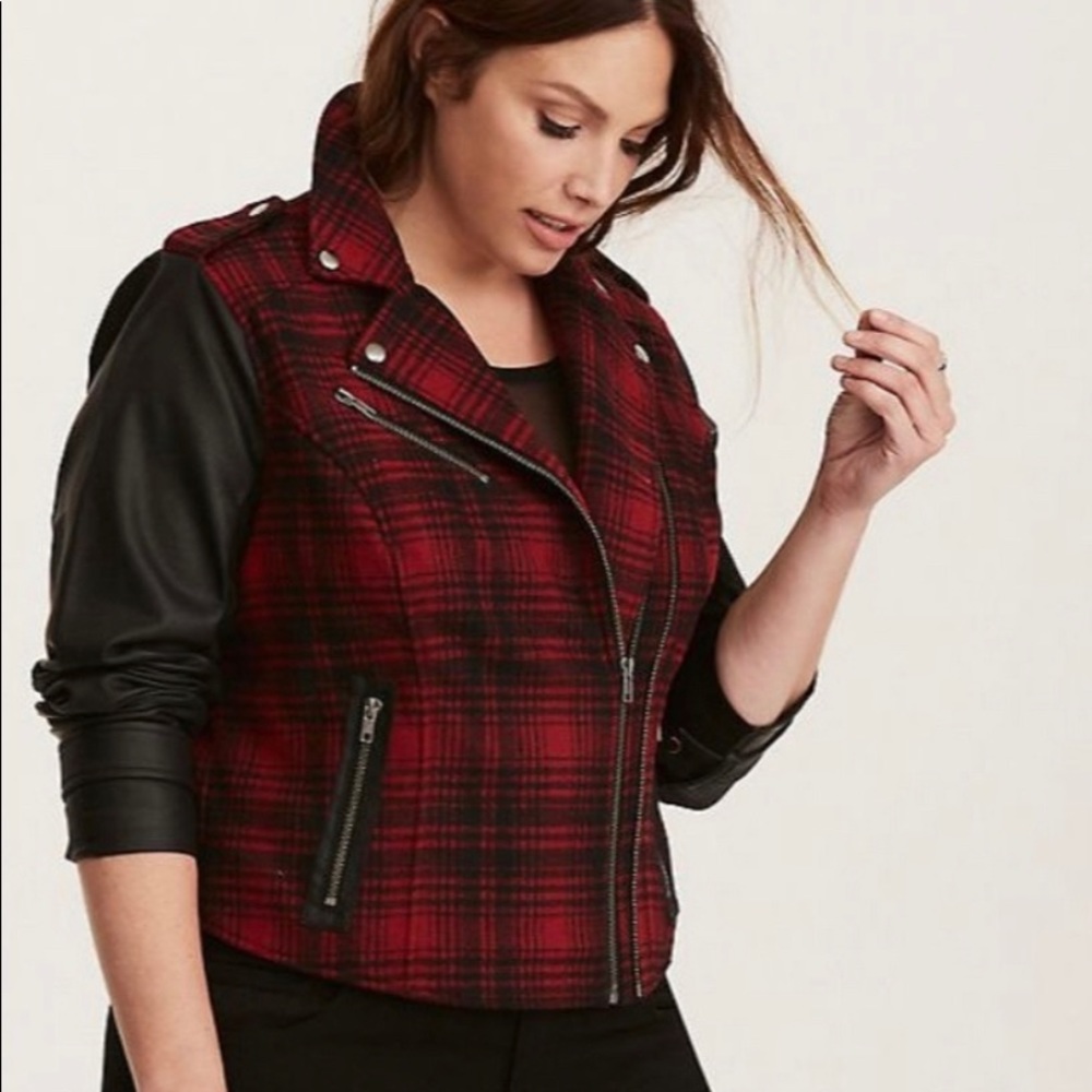 Torrid 4XL plaid and pleather moto jacket